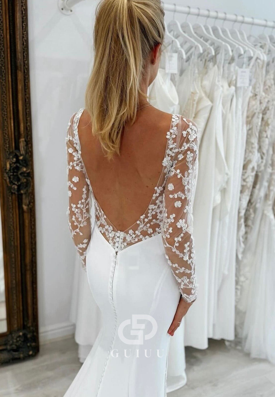 Long Sleeves V-Neck Sequins Mermaid Wedding Dress