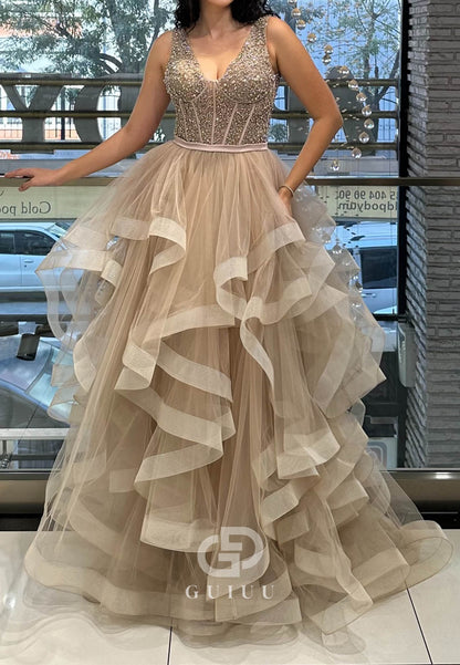 Charming A-Line Spaghetti Straps V-Neck Ruffles Prom Dress