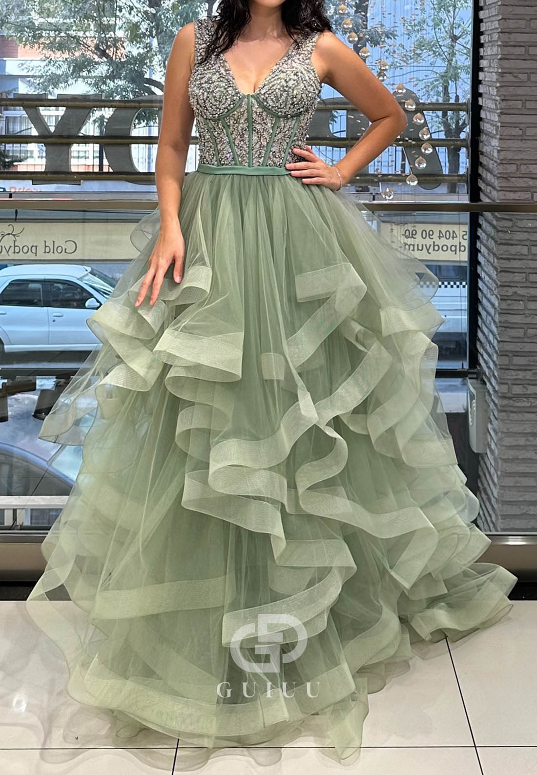 Charming A-Line Spaghetti Straps V-Neck Ruffles Prom Dress