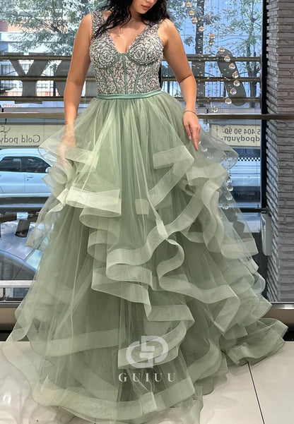 Charming A-Line Spaghetti Straps V-Neck Ruffles Prom Dress