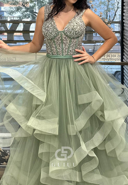 Charming A-Line Spaghetti Straps V-Neck Ruffles Prom Dress