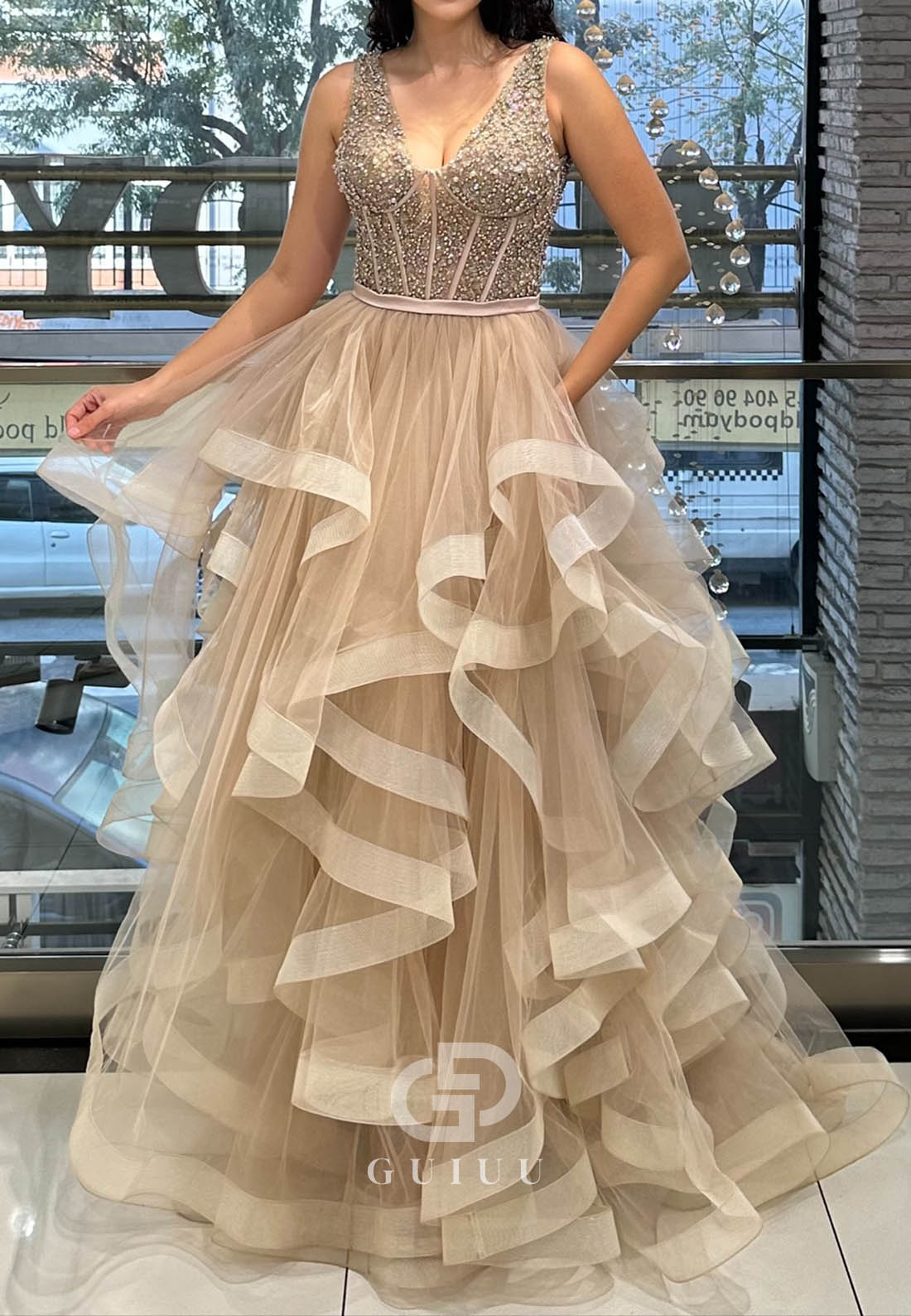 Charming A-Line Spaghetti Straps V-Neck Ruffles Prom Dress