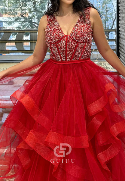 Charming A-Line Spaghetti Straps V-Neck Ruffles Prom Dress