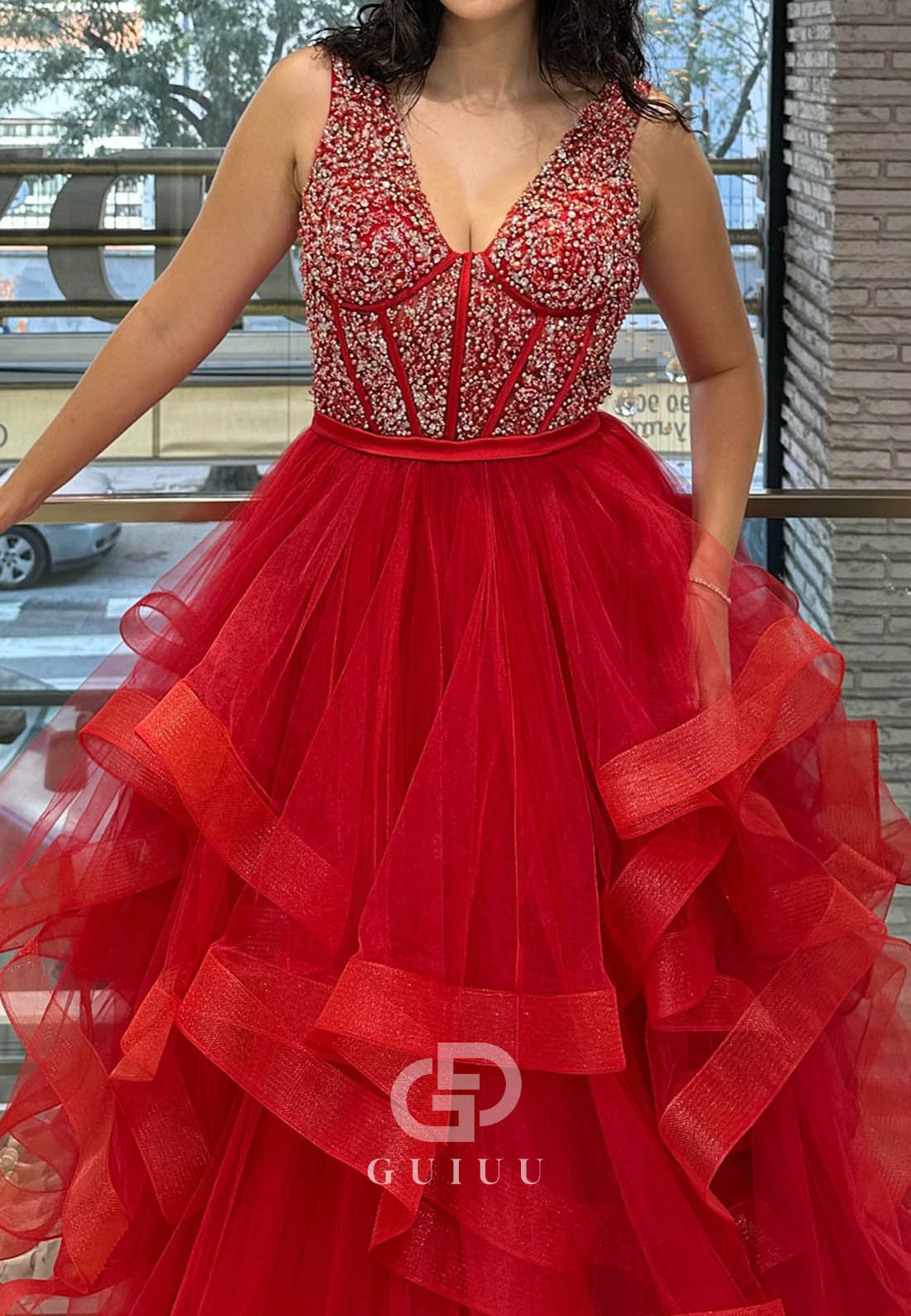 Charming A-Line Spaghetti Straps V-Neck Ruffles Prom Dress