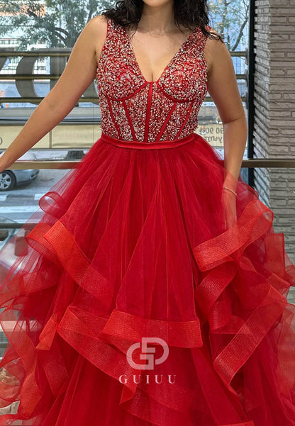 Charming A-Line Spaghetti Straps V-Neck Ruffles Prom Dress