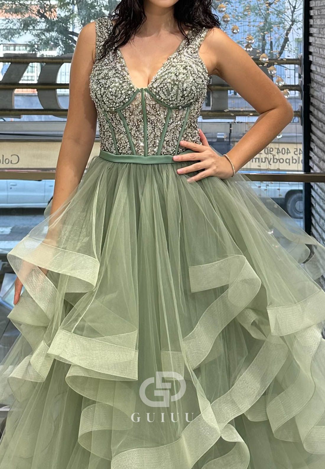 Charming A-Line Spaghetti Straps V-Neck Ruffles Prom Dress