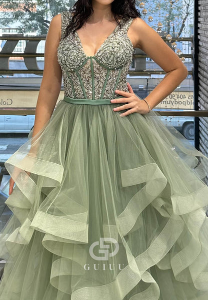 Charming A-Line Spaghetti Straps V-Neck Ruffles Prom Dress