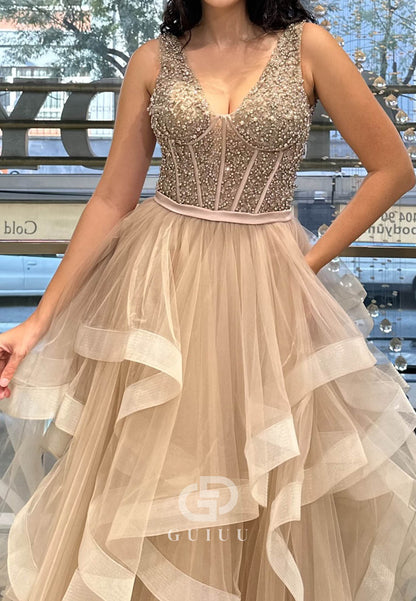 Charming A-Line Spaghetti Straps V-Neck Ruffles Prom Dress