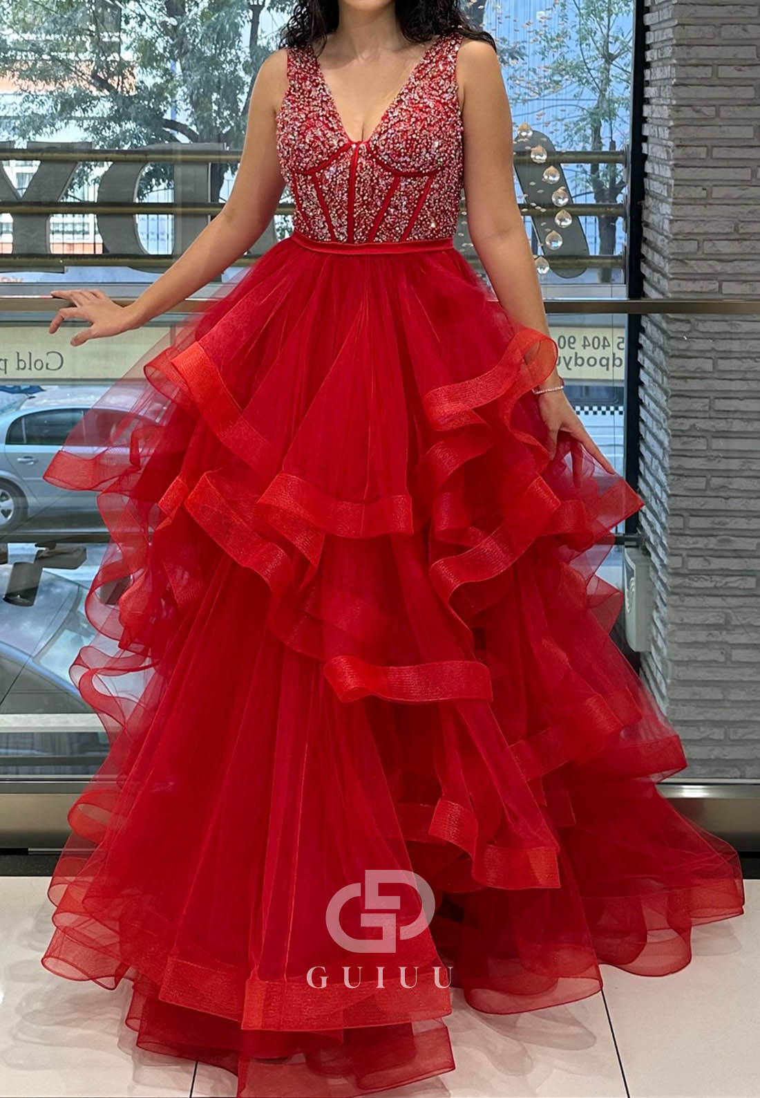 Charming A-Line Spaghetti Straps V-Neck Ruffles Prom Dress