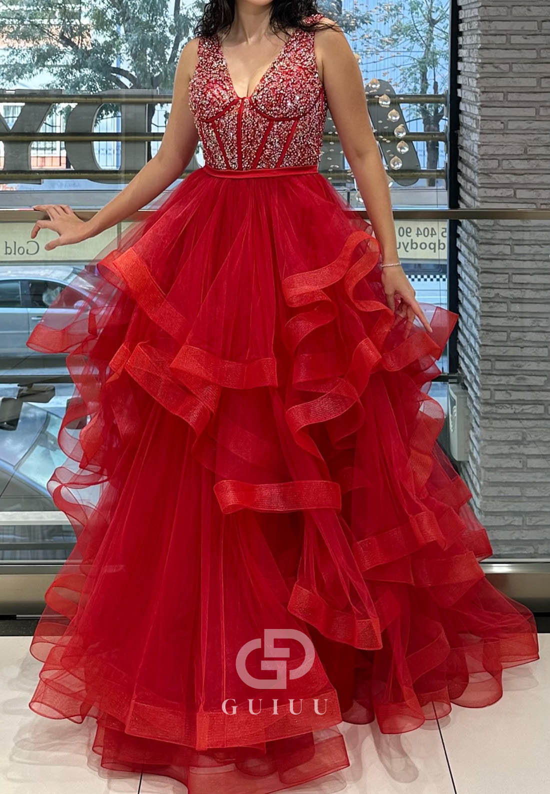 Charming A-Line Spaghetti Straps V-Neck Ruffles Prom Dress