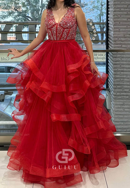 Charming A-Line Spaghetti Straps V-Neck Ruffles Prom Dress