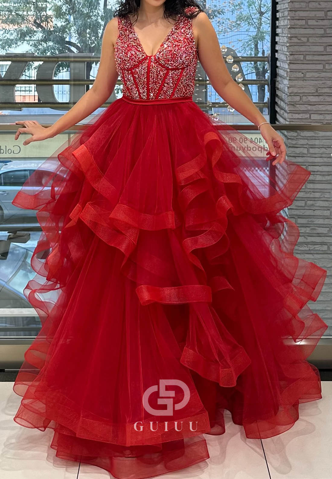 Charming A-Line Spaghetti Straps V-Neck Ruffles Prom Dress