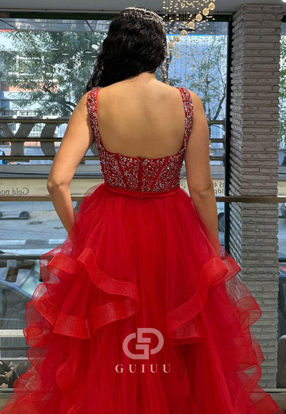 Charming A-Line Spaghetti Straps V-Neck Ruffles Prom Dress