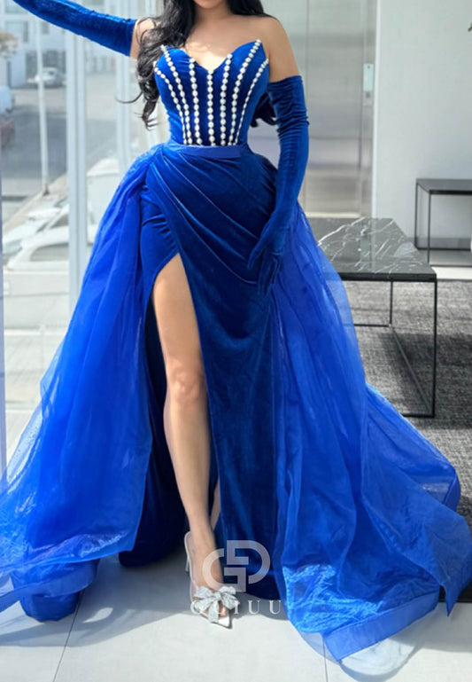 Royal Blue Sweetheart Slit Appliques Lace Prom Dress