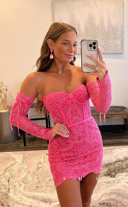 GH436 - Sheath/Column Sweetheart Lace Long Sleeves Homecoming Graduation Dress