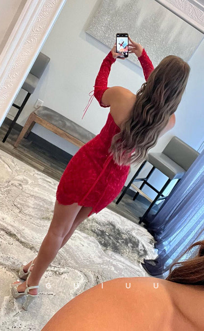 GH436 - Sheath/Column Sweetheart Lace Long Sleeves Homecoming Graduation Dress