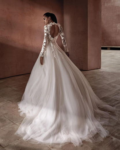 GW937 - A-Line High Neck Long Sleeves Appliuques Open Back Tulle Wedding Dress with Train