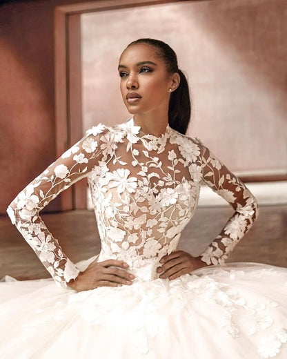 GW937 - A-Line High Neck Long Sleeves Appliuques Open Back Tulle Wedding Dress with Train