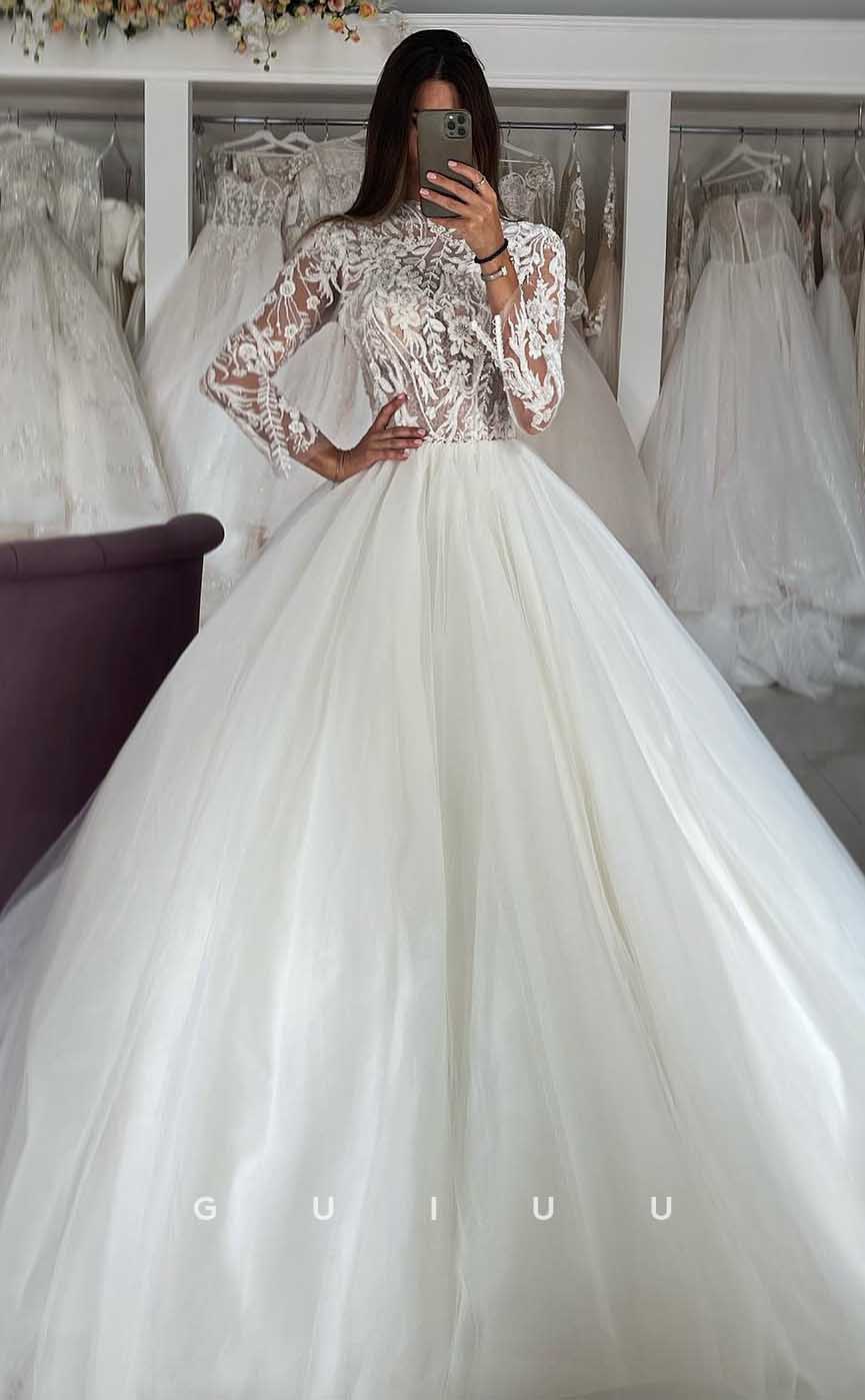 GW805 -  A-Line High Neck Long Sleeves Court Train Lace Wedding Dress