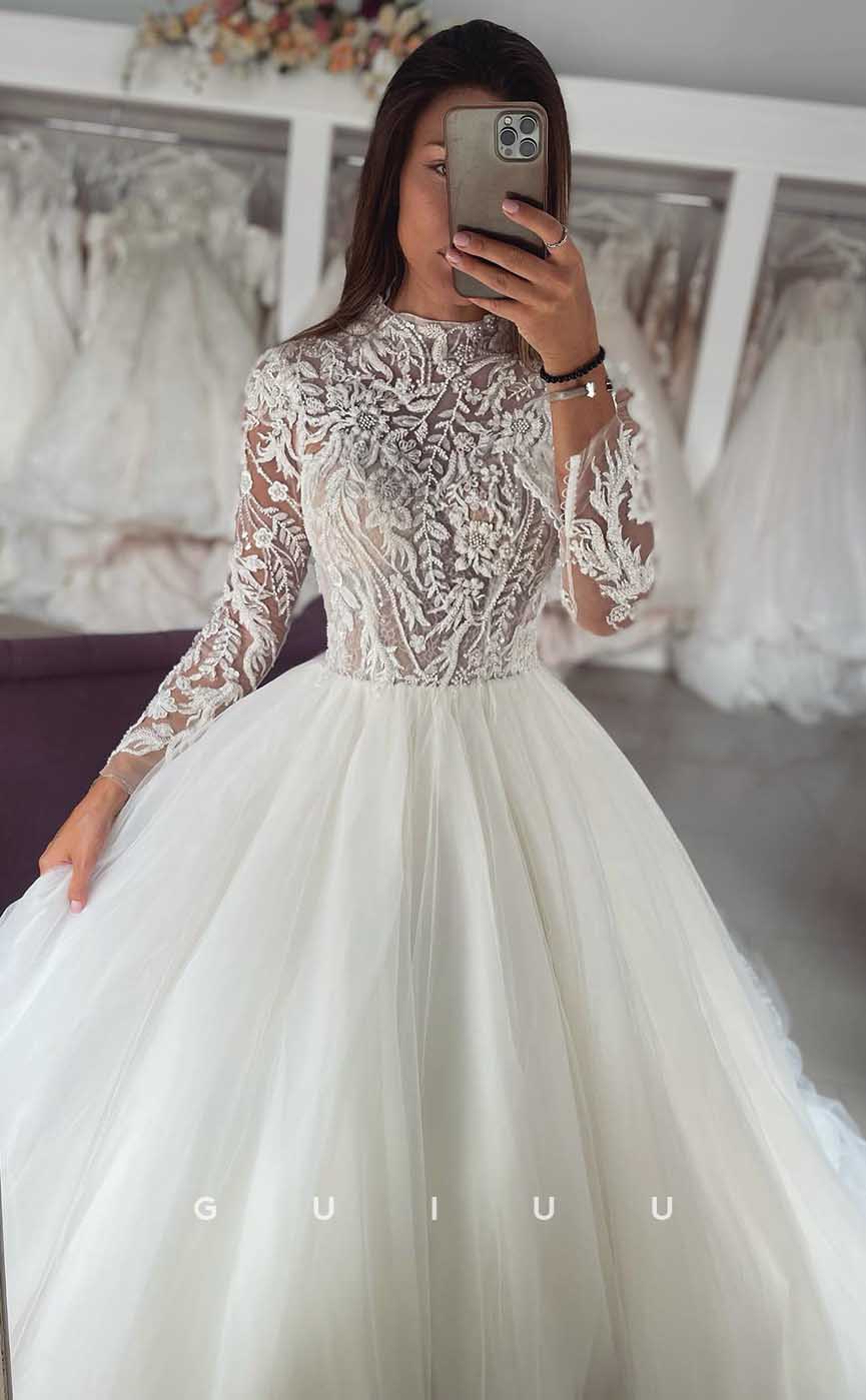 GW805 -  A-Line High Neck Long Sleeves Court Train Lace Wedding Dress
