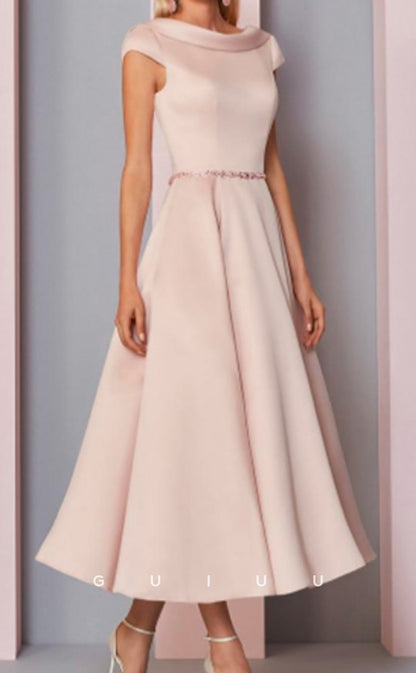 GM129 - A-Line High Neck V Back Short Sleeves Stain Mother of Bride Dress