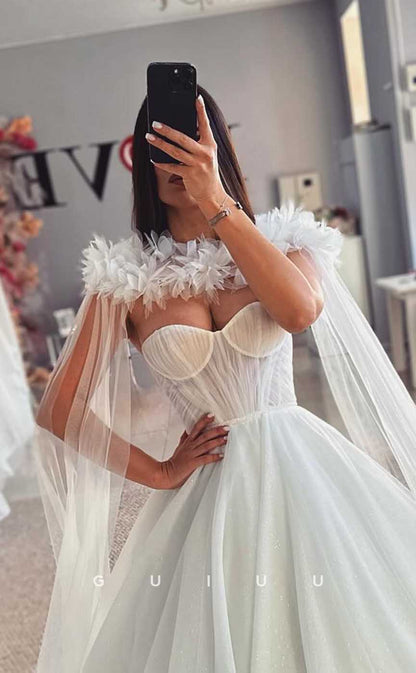GW825 - A-Line Off-Shoulder Appliques  Pleats Wedding Dress with Court Train