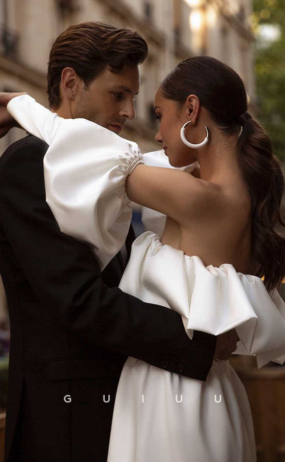 GW891 - A-Line Off-Shoulder Ruched Stain Short Beach Wedding Dress