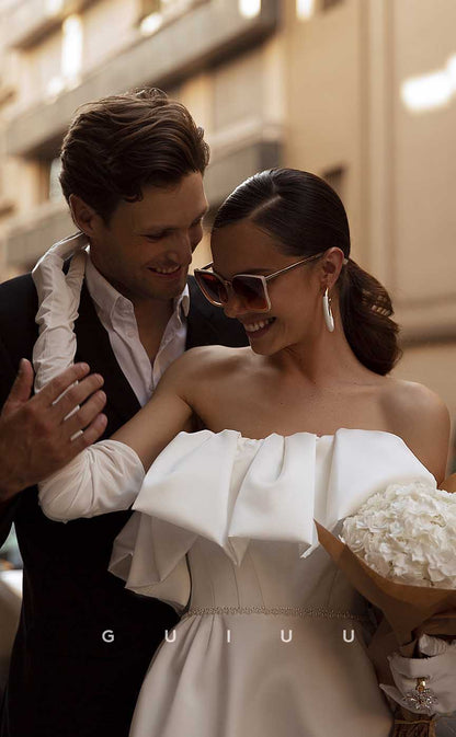 GW891 - A-Line Off-Shoulder Ruched Stain Short Beach Wedding Dress