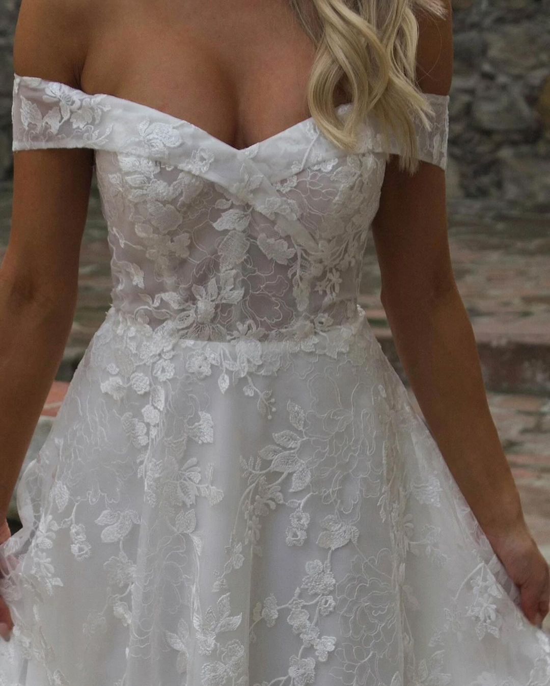 GW940 - A-Line Off Shoulder Fully Appliques Back Buttons Lace Wedding Dress with Train