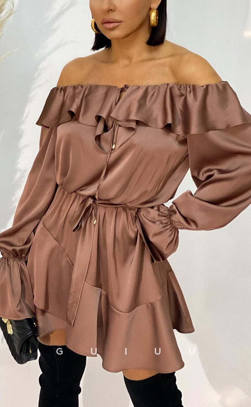 GH919 - A-Line Off Shoulder Long Sleeves Ruffles Homecoming Dress