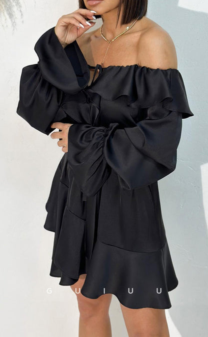GH919 - A-Line Off Shoulder Long Sleeves Ruffles Homecoming Dress