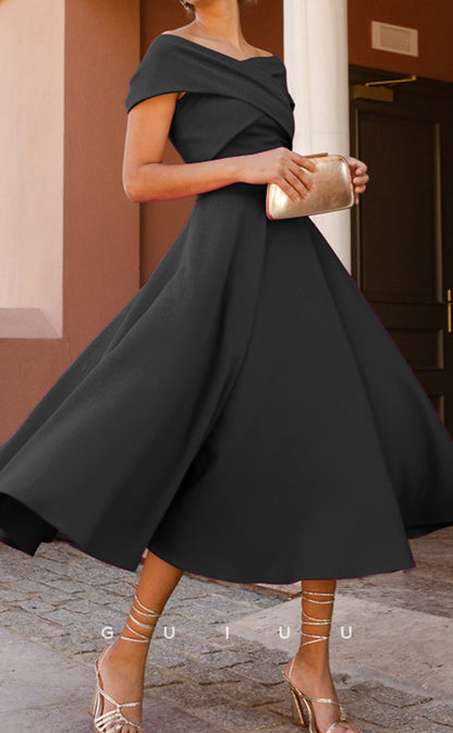 GM220 - A-Line Off Shoulder Short Sleeves Pleated Tea Length Cocktail Dress Wedding Guest Dress