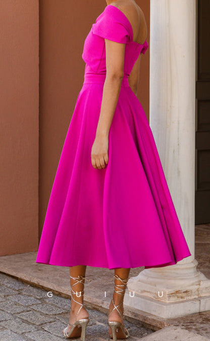 GM220 - A-Line Off Shoulder Short Sleeves Pleated Tea Length Cocktail Dress Wedding Guest Dress