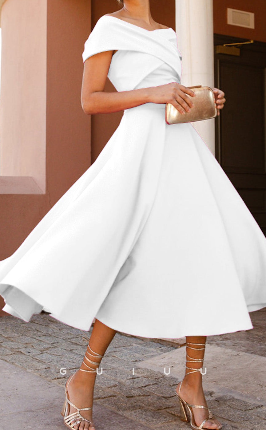GM220 - A-Line Off Shoulder Short Sleeves Pleated Tea Length Cocktail Dress Wedding Guest Dress