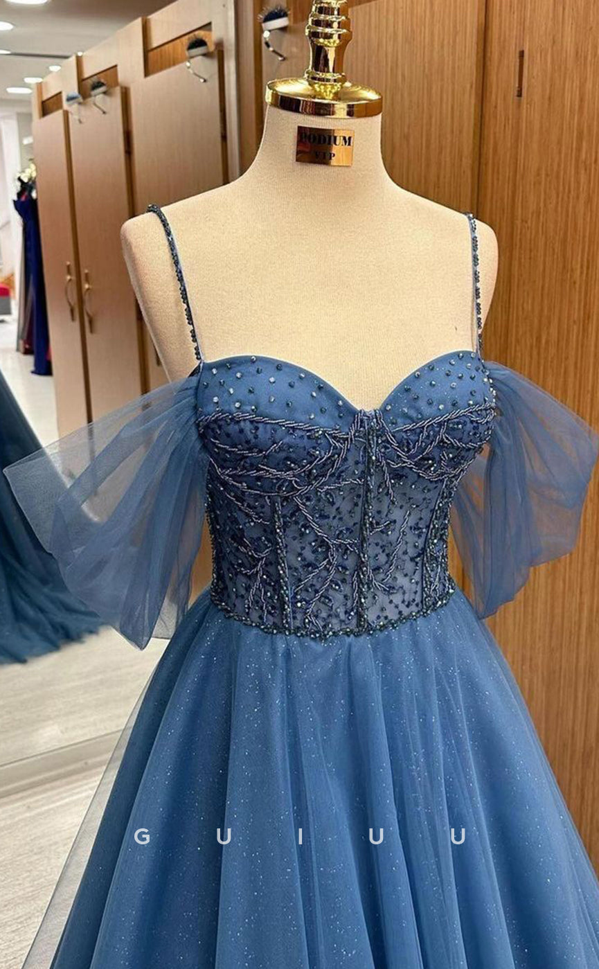 G4218 - A-Line Off Shoulder Strapless Straps Half Sleeves Sequined Beaded Tulle Long Prom Dress