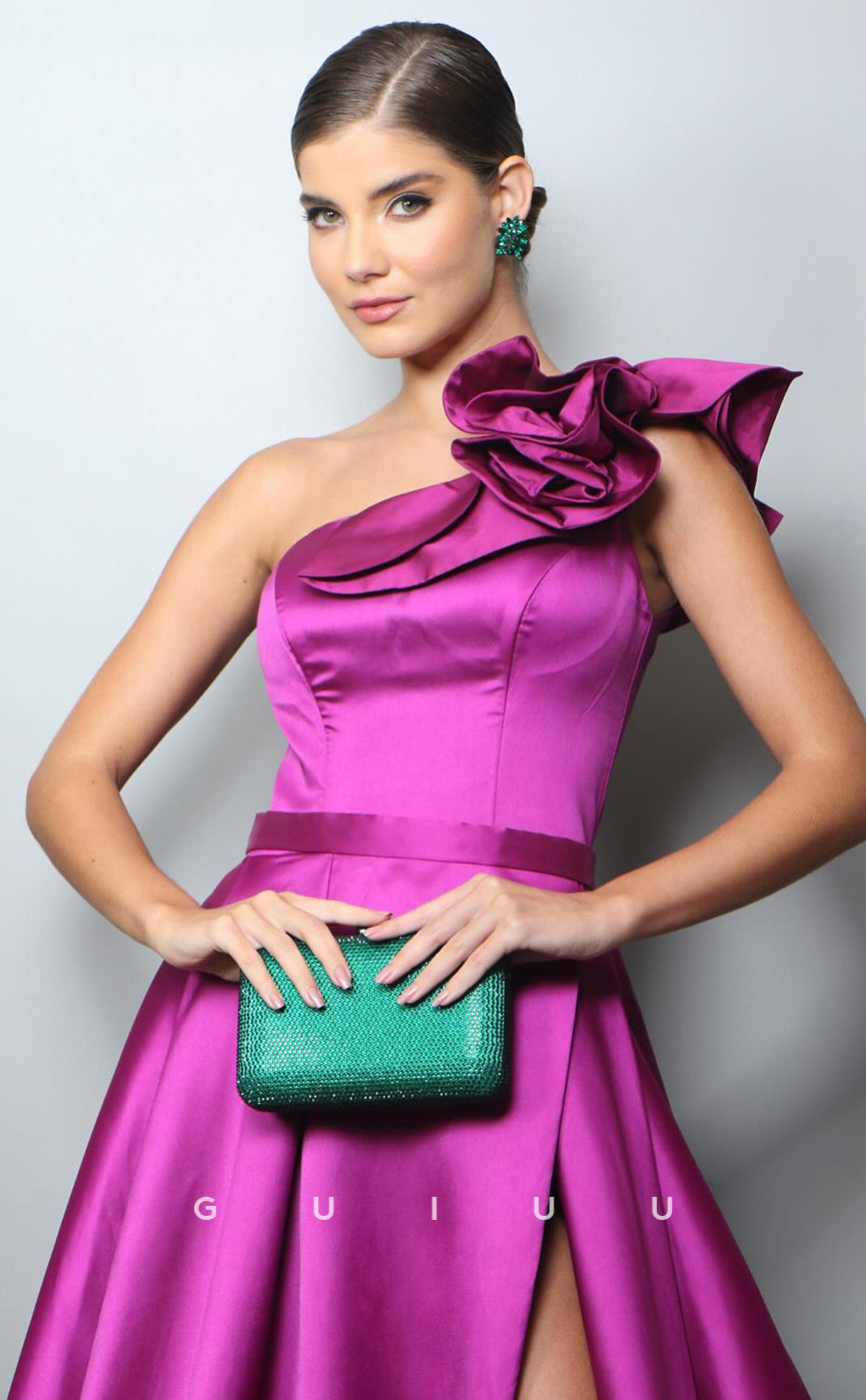 G4199 - A-Line One Shoulder Sleeveless Stain Prom Formal Gown with High Side Slit and Train