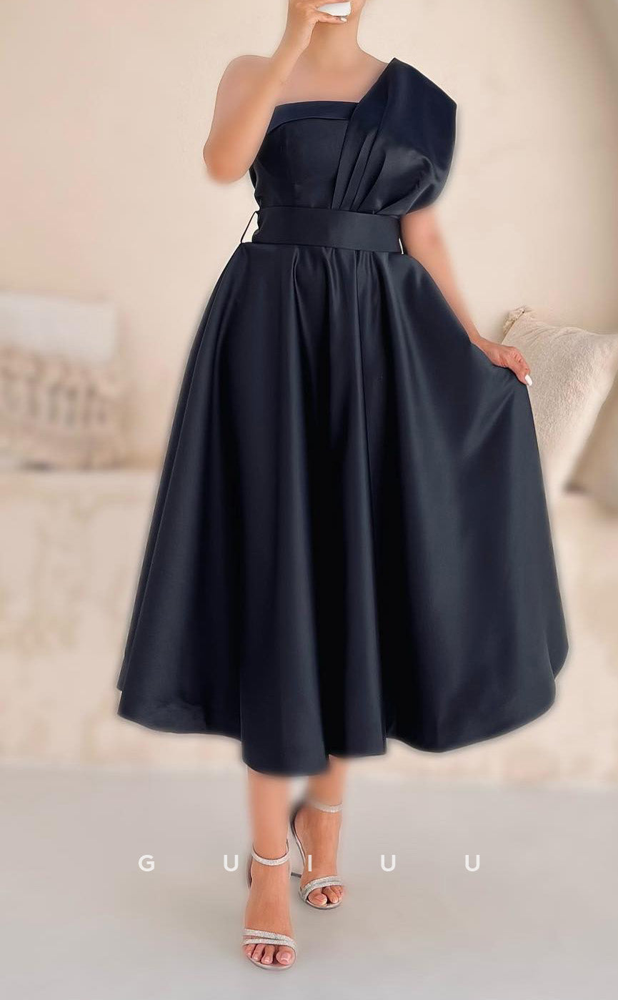 G4713 - A-Line One Shoulder Sleevelss Tea Length Back Zipper Formal Evening Prom Gown