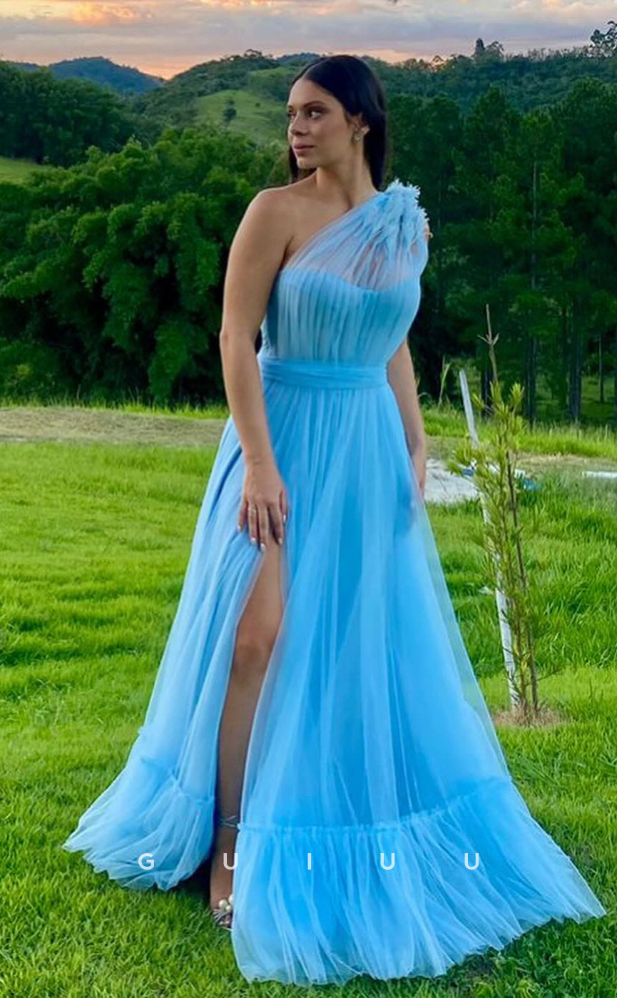G4165 - A-Line One Shoulder Straps Sleeveless Blue Tulle Prom Party Dress with High Slit