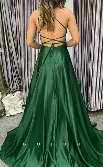 G4637 - A-Line Strapless Sleeveless Criss-Cross Straps Stain Prom Dress Fomal Gown with Slit