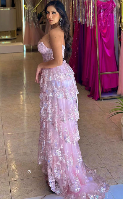 G4266 -  A-Line Strapless Sleeveless Fuly Appliquine Tulle Tiered Long Prom Dress with High Side Slit