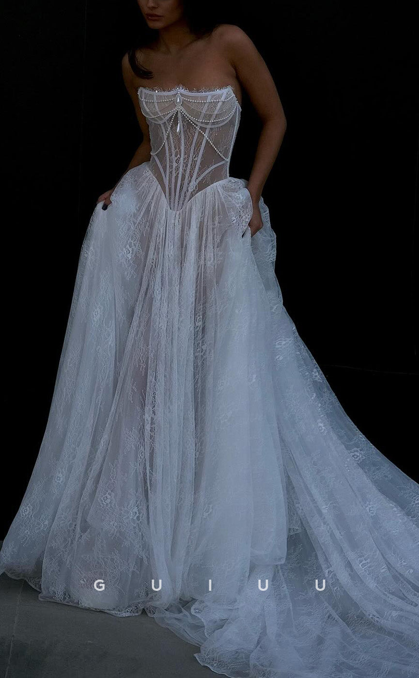 GW1035 A-Line Strapless Sleeveless Pleated Fully Lace Beach Boho Wedding Dress