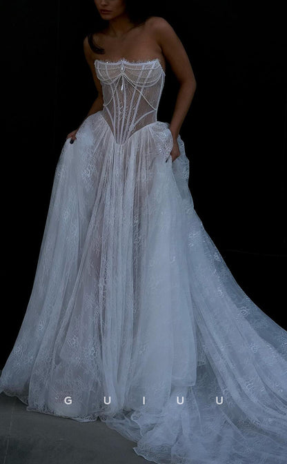 GW1035 A-Line Strapless Sleeveless Pleated Fully Lace Beach Boho Wedding Dress