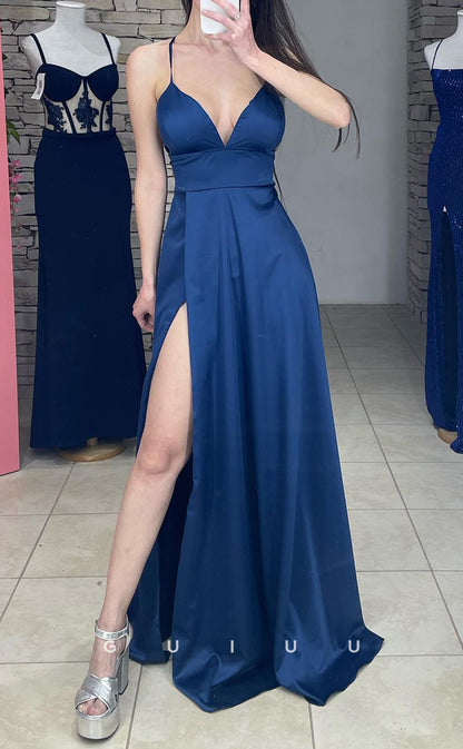 G4156 - A-Line Strapless Straps Criss-Cross Straps Long Prom Dress with Slit