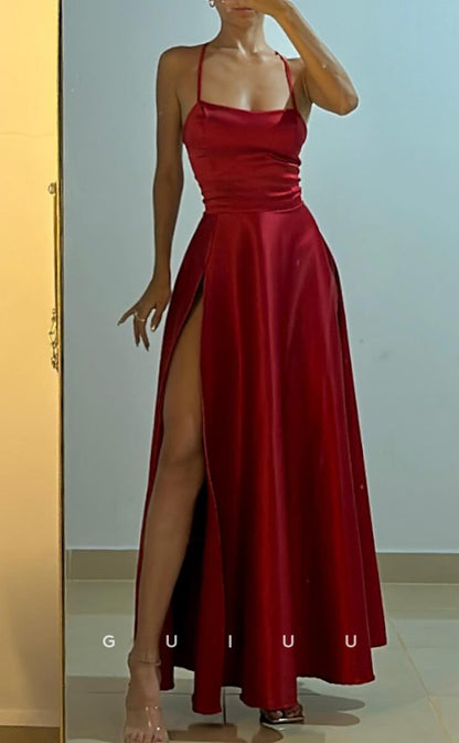 G4088 - A-Line Strapless Straps Sleeveless Criss-Cross Straps High Slit Long Prom Gown