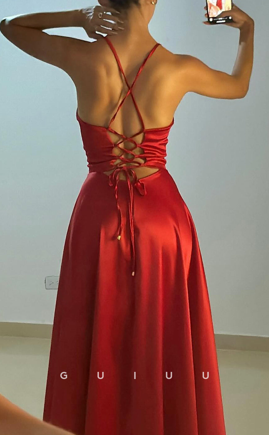 G4088 - A-Line Strapless Straps Sleeveless Criss-Cross Straps High Slit Long Prom Gown