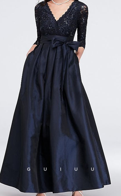 GM065 - A-Line V Neck Floor Length 34 Length Sleeves Appliques Satin Lace Mother of the Bride Dress