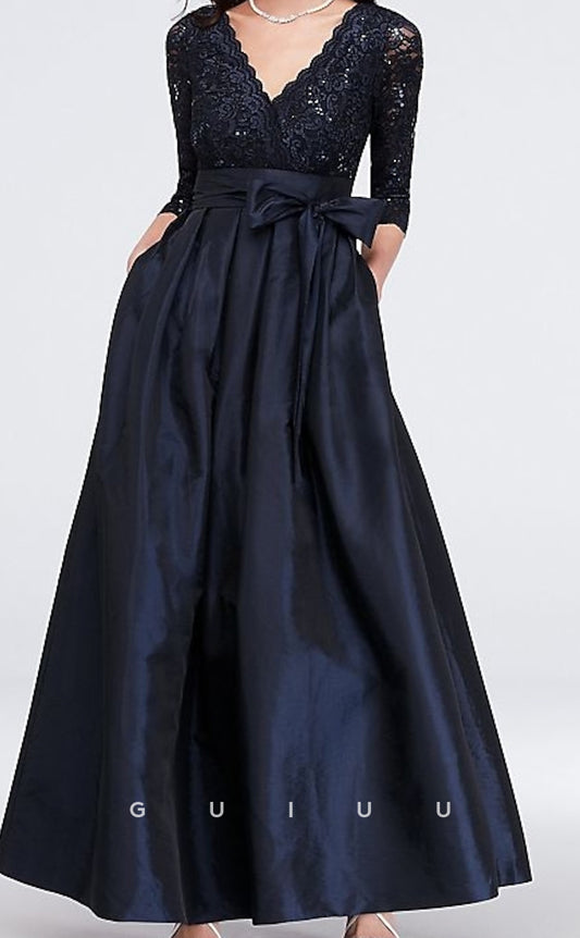 GM065 - A-Line V Neck Floor Length 34 Length Sleeves Appliques Satin Lace Mother of the Bride Dress