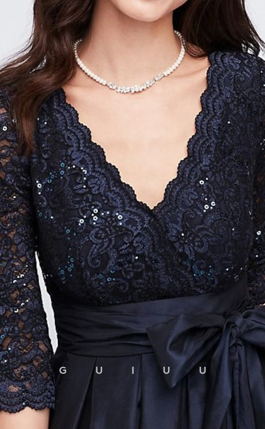 GM065 - A-Line V Neck Floor Length 34 Length Sleeves Appliques Satin Lace Mother of the Bride Dress