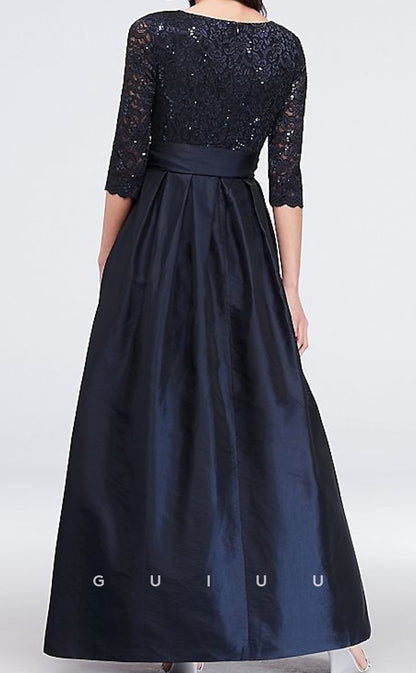 GM065 - A-Line V Neck Floor Length 34 Length Sleeves Appliques Satin Lace Mother of the Bride Dress