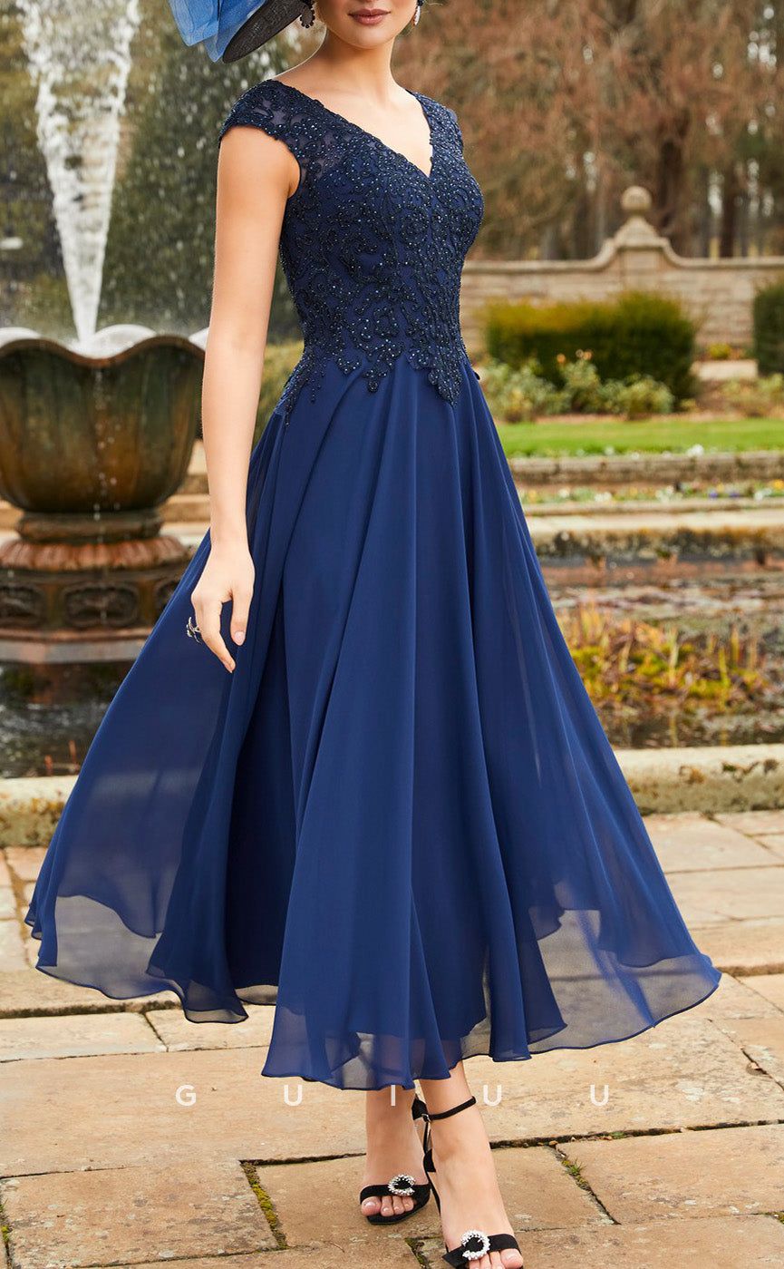 GM152 -  A-Line V Neck Short Sleeves Tea Length Appliques Chiffon Mother of Bride Dress